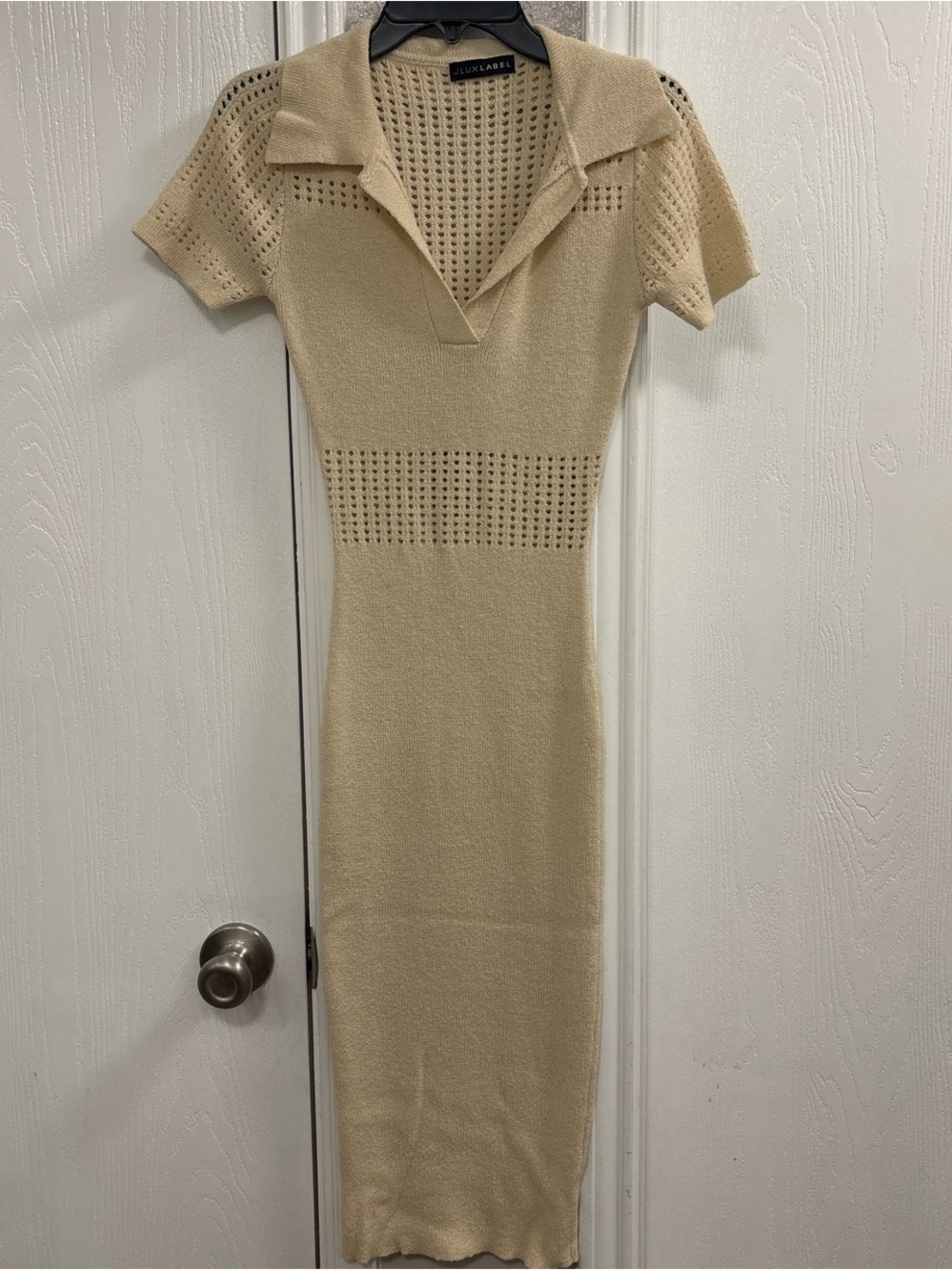 JLUXLABEL Beige Knit Polo Midi Dress with Eyelet Panels